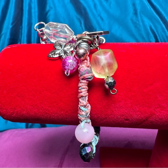 Handmade charm bracelet beaded Assemblage Bangle Thrashed Trashed Fabric shreds - Picture 8 of 14